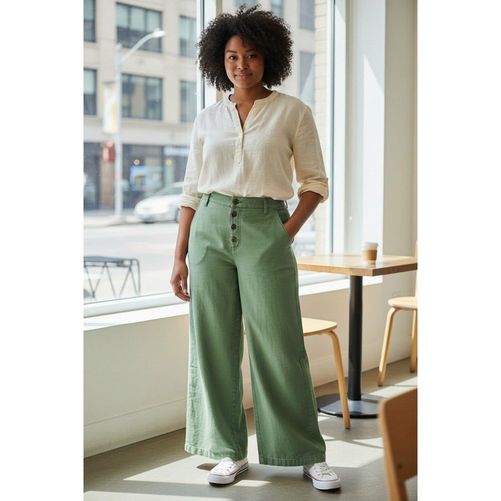 J.Crew Wide-Leg Cropped Pants Faded Moss Green Button‎ Fly High Rise Size 32